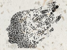 the shape of a created by musical notes, floating out the back of the head