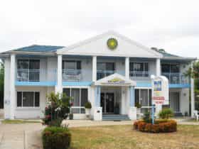 Blue and White Lodge exterior view from road