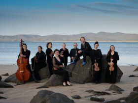 Nine smiling people gather around a group of rocks. They hold violins and other string instruments