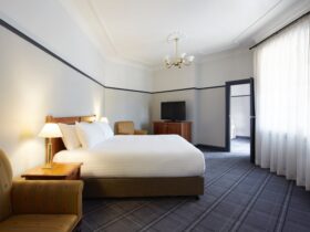 Hotel room with a bed
