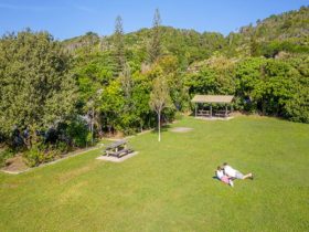Aerial view of picnickers and picnic tables at Broken Head picnic area in Broken Head Nature Reserve