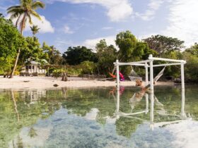 tranquil scene of hammock suspended over pristine tropical waters. luxury, accomodation, boutique