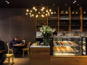 Cafe interior with cake displays
