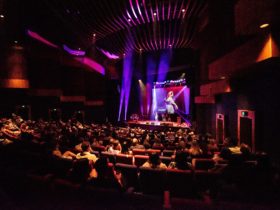 Female singer performs live on theatre stage and is highlighted by pink and purple toned lighting
