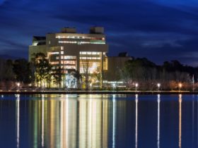 High Court of Australia at night from across Lake Burley Griffin