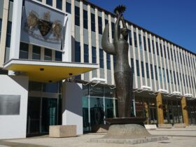 Front of Legislative Assembly of the ACT, featuring 'Ethos' statue artwork