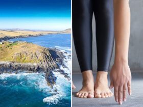 picture of beach and somone tryring to touch their toes