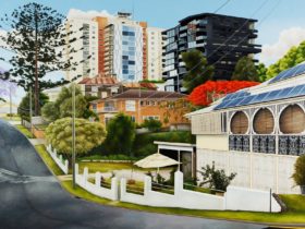 A painting of a street in West End featuring a white Queenslander, a pine tree, and Torbreck units.