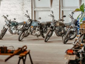 Custom motorcycles in garage