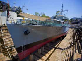 WW2 frigate ex-HMAS Diamantina berthed in the heritage listed South Brisbane Dry Dock