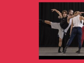 Dancers rehearsing in a studio. They are all making different shapes with their body.