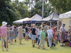 People walking amongst market stalls in a garden setting.
