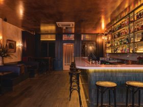 bar with stools and bottles
