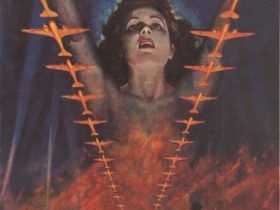 Illustration of woman holding her hands towards the sky with planes