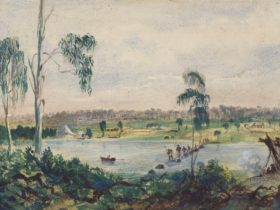 drawing showing the Yarra River in 1837. A line of First Nations people cross a stone bridge.